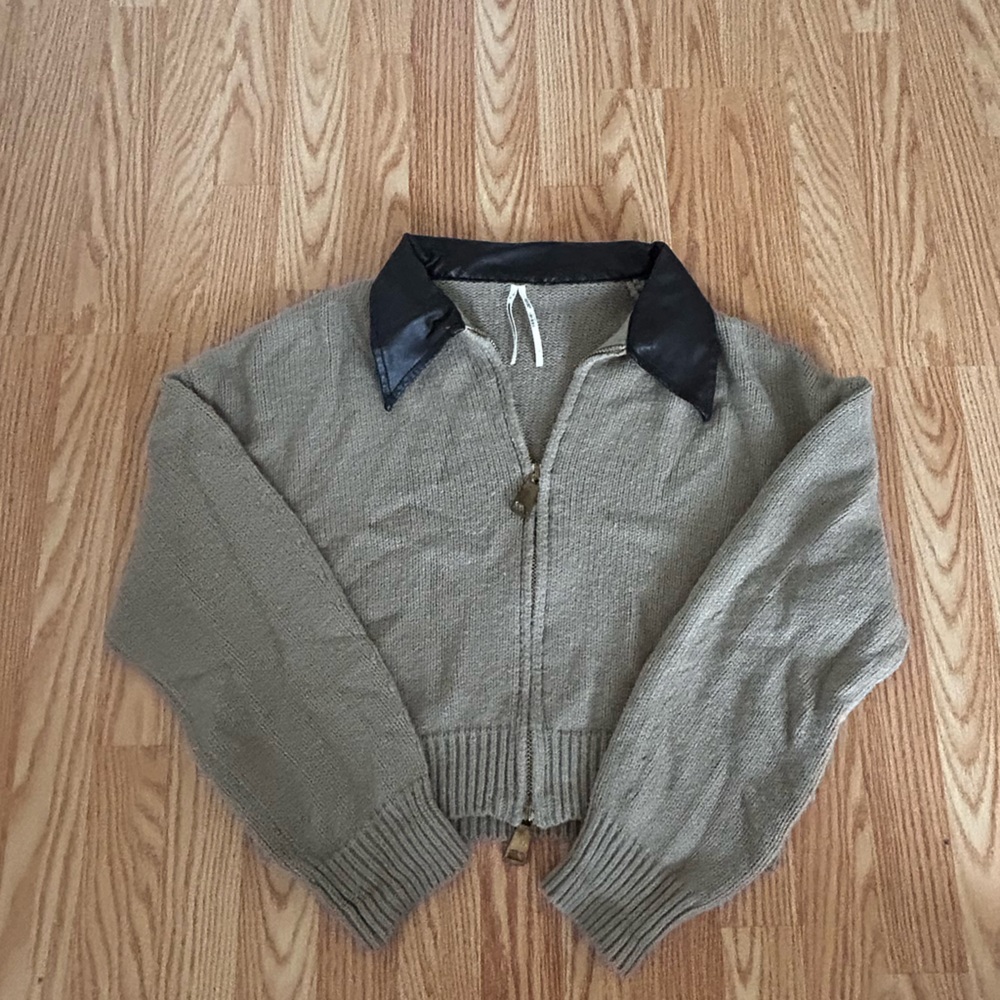 Anthropologie Sweater with Brown Leather Collar